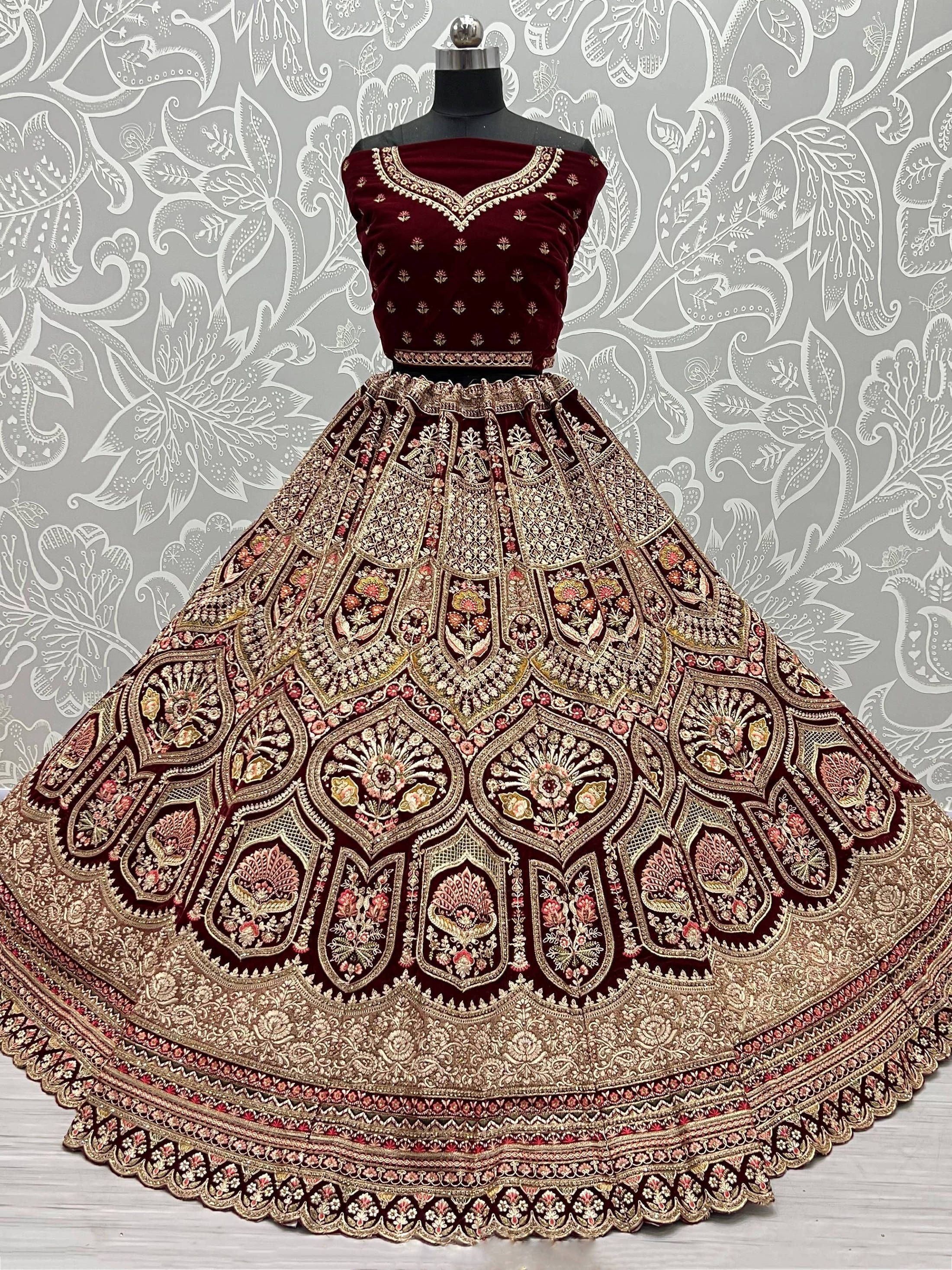 Classic Maroon Velvet Embroidered Bridal Lehenga With Net Dupatta