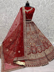 Hot Rose Red Velvet Embroidered Bridal Wear Lehenga Choli