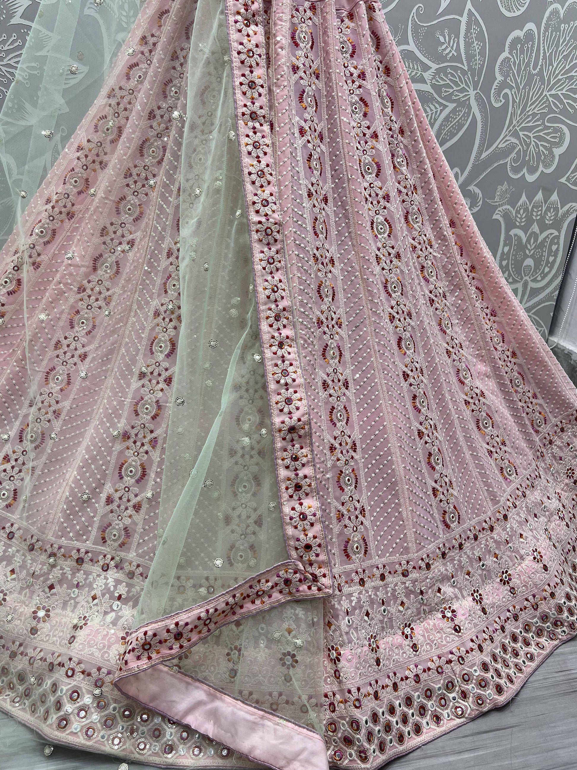 Pink embroidered lehenga with mirror work and sheer dupatta, Indian ethnic wear