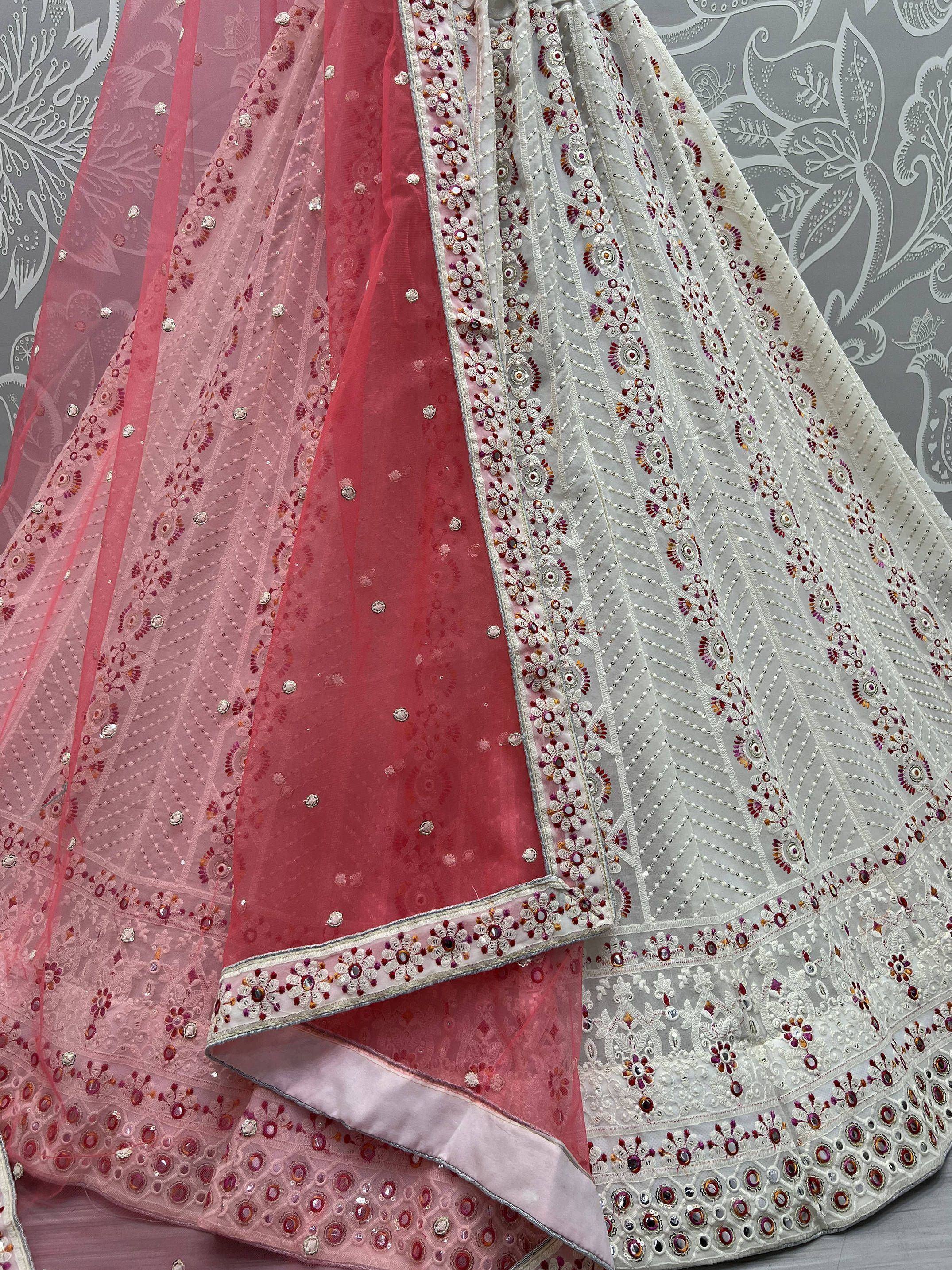 White and pink embroidered lehenga choli with mirror work and net dupatta, Indian ethnic wear