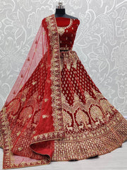 Attractive Red Velvet Thread Zari With Bridal Wear Lehenga Choli