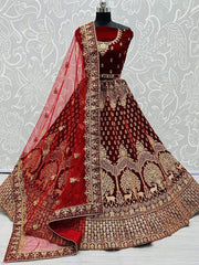 Charming Maroon Velvet Thread Net Dupatta With Bridal Lehenga