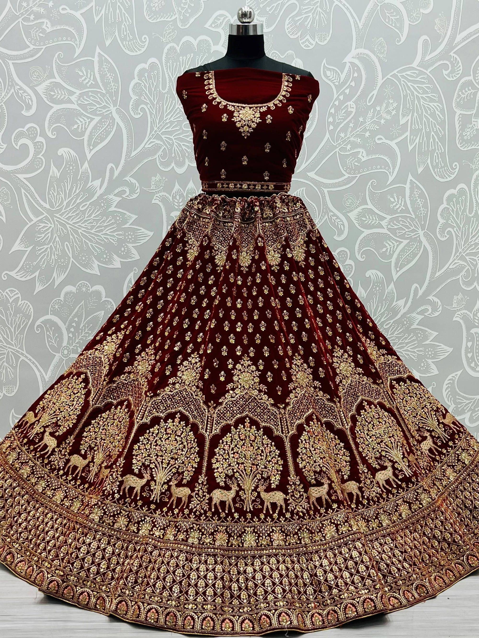 Charming Maroon Velvet Thread Net Dupatta With Bridal Lehenga
