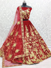Adorable Red Thread Floral Velvet Bridal Wear Lehenga Choli