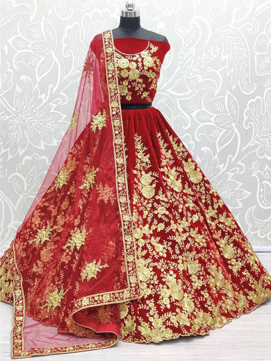 Adorable Red Thread Floral Velvet Bridal Wear Lehenga Choli