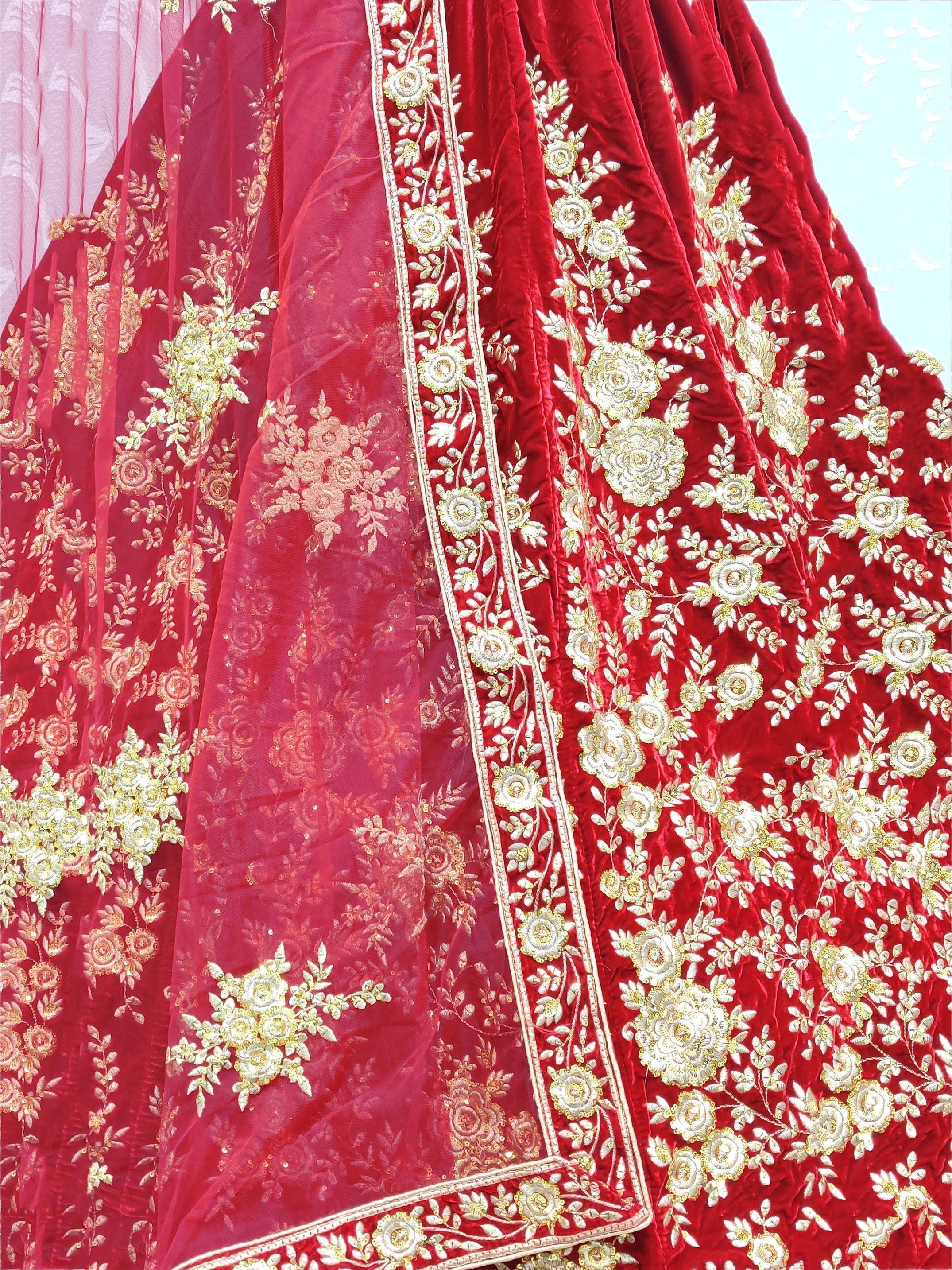 Adorable Red Thread Floral Velvet Bridal Wear Lehenga Choli