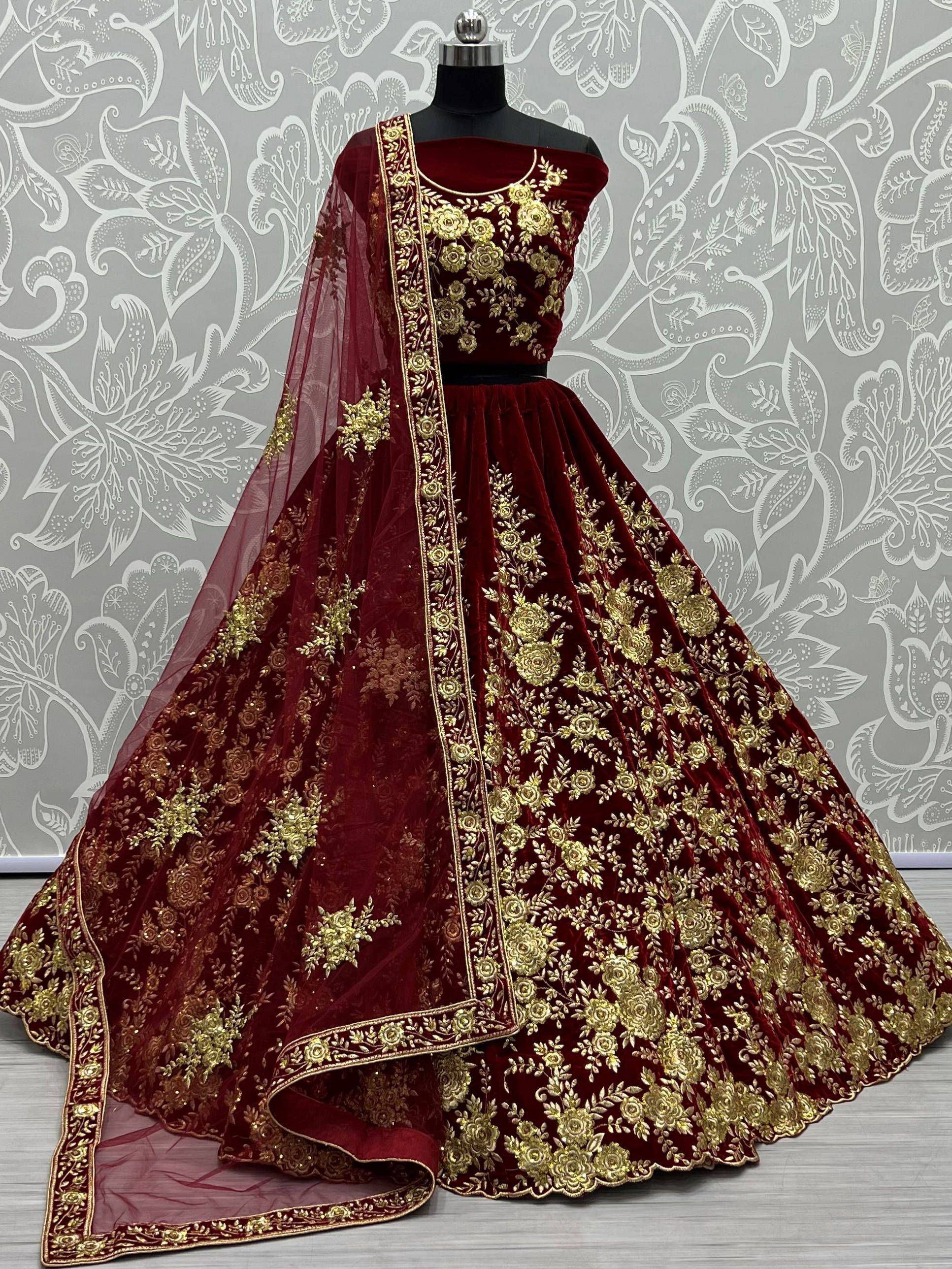 Maroon velvet lehenga choli with gold floral embroidery and sheer dupatta, Indian ethnic wear