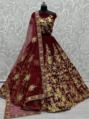 Pretty Dark Maroon Velvet Bridal Lehenga Choli With Thread Work