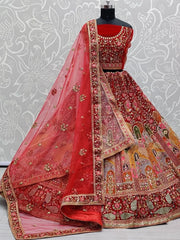 Imperial Red Multi-Thread Double Dupatta Velvet Bridal Wear Lehenga