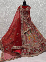 Great Maroon Multi-Thread Patch Velvet Double Dupatta Bridal Lehenga