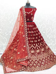 Amazing Red Velvet Zari Work Bridal Lehenga Choli With Dupatta