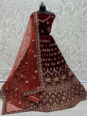 Graceful Maroon Velvet Dori Work Bridal Lehenga Choli
