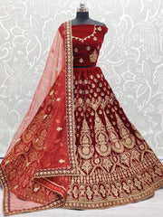 Attractive Red Velvet Embroidery Bridal Wear Lehenga Choli