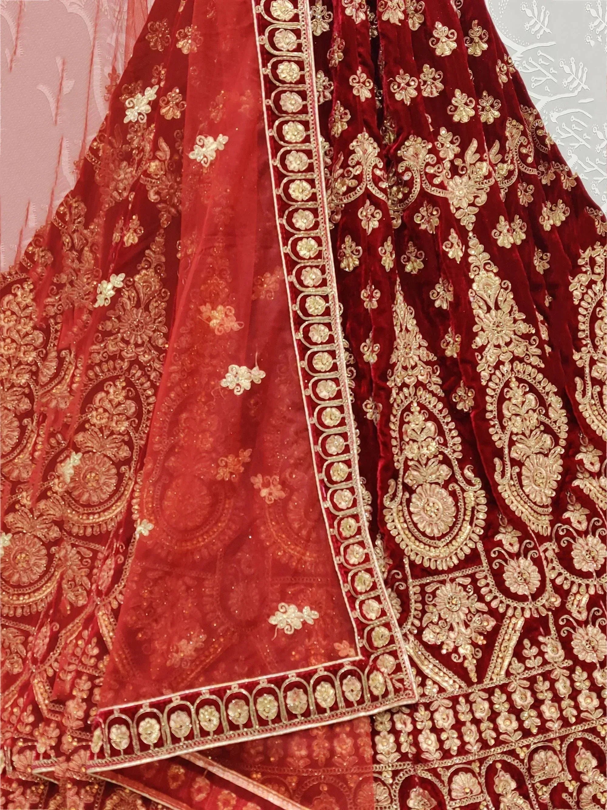 Red velvet lehenga with gold embroidery and matching dupatta, Indian ethnic wear