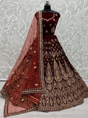 Wonderful Maroon Velvet Zari Embroidered Bridal Wear Lehenga Choli