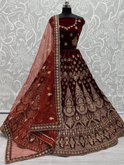 Wonderful Maroon Velvet Zari Embroidered Bridal Wear Lehenga Choli