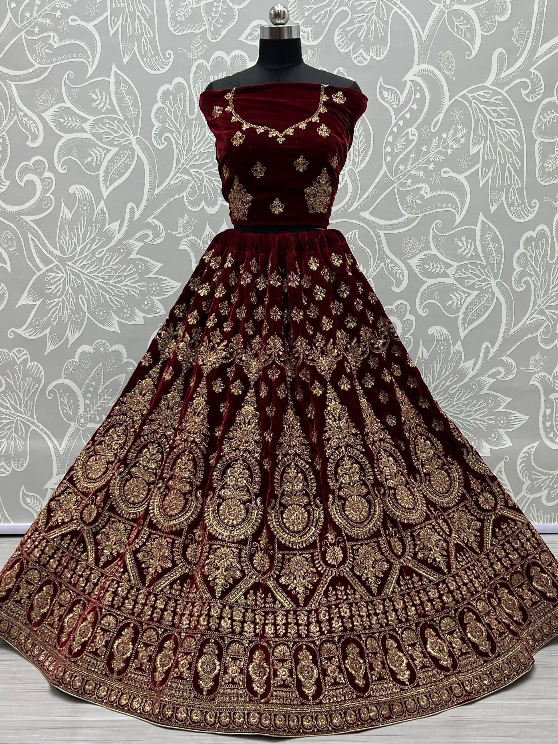 Wonderful Maroon Velvet Zari Embroidered Bridal Wear Lehenga Choli