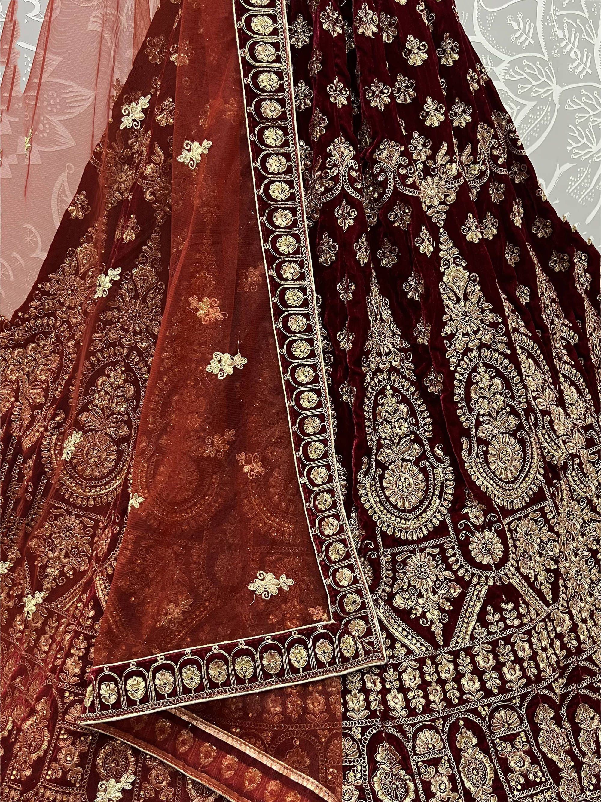 Wonderful Maroon Velvet Zari Embroidered Bridal Wear Lehenga Choli