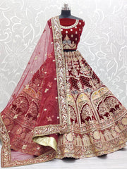 Outstanding Maroon Zari Multi-Thread Velvet Bridal Wear Lehenga Choli