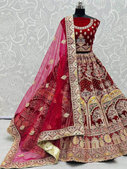 Amazing Red Thread Embroidered Velvet Bridal Wear Lehenga Choli