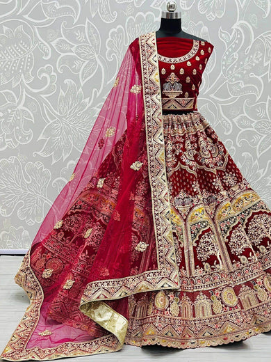 Amazing Red Thread Embroidered Velvet Bridal Wear Lehenga Choli