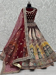 Amazing Dark Maroon Zari Multi-Thread Velvet Bridal Lehenga Choli