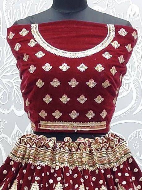 Maroon velvet lehenga choli with gold embroidery, designer ethnic wear for women