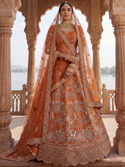 Great Orange Dori Work Silk Bridal Lehenga Choli With Double Dupatta