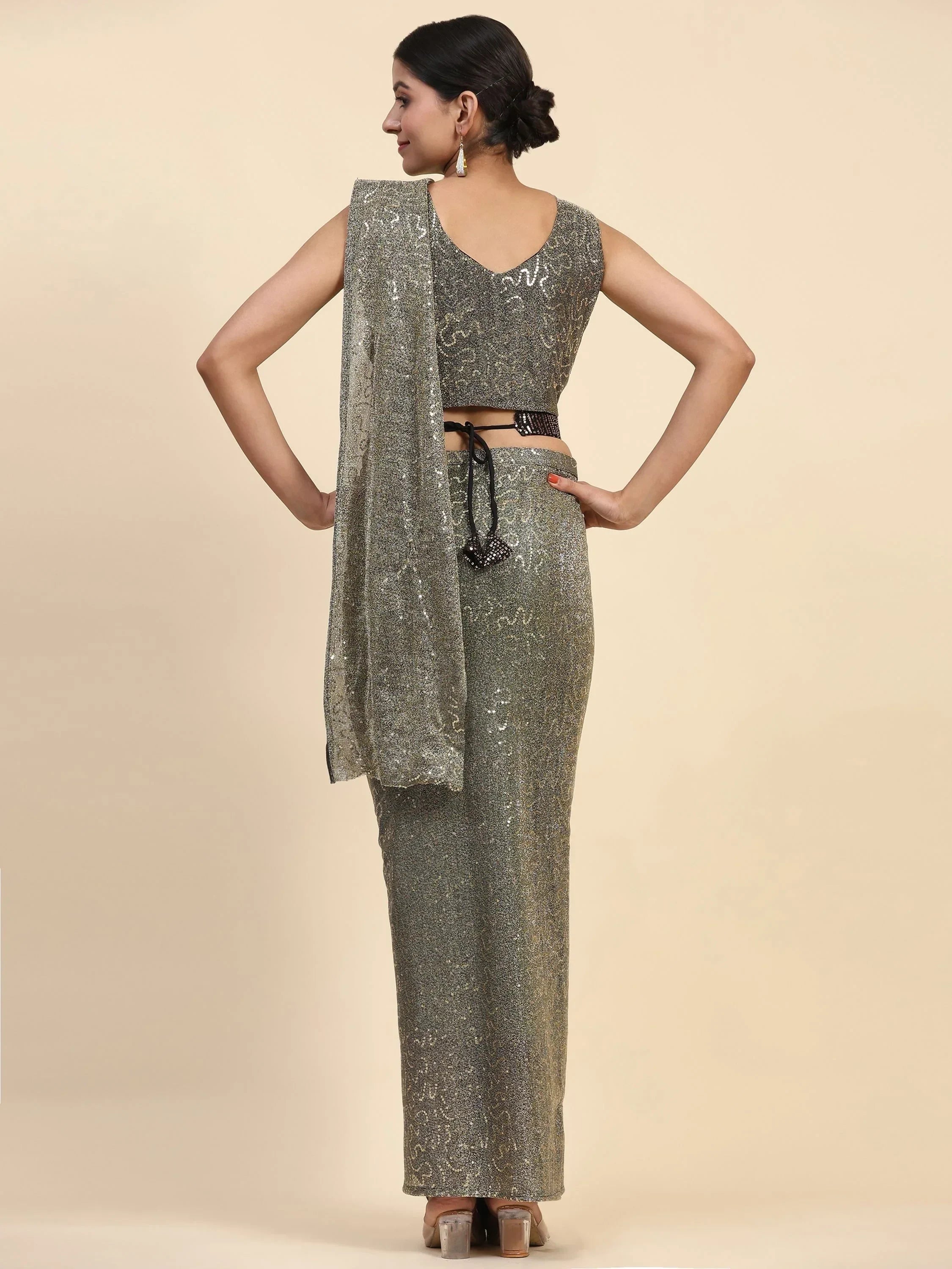 Enchanting Grey Sequins Lycra Designer Readymade Saree With Blouse