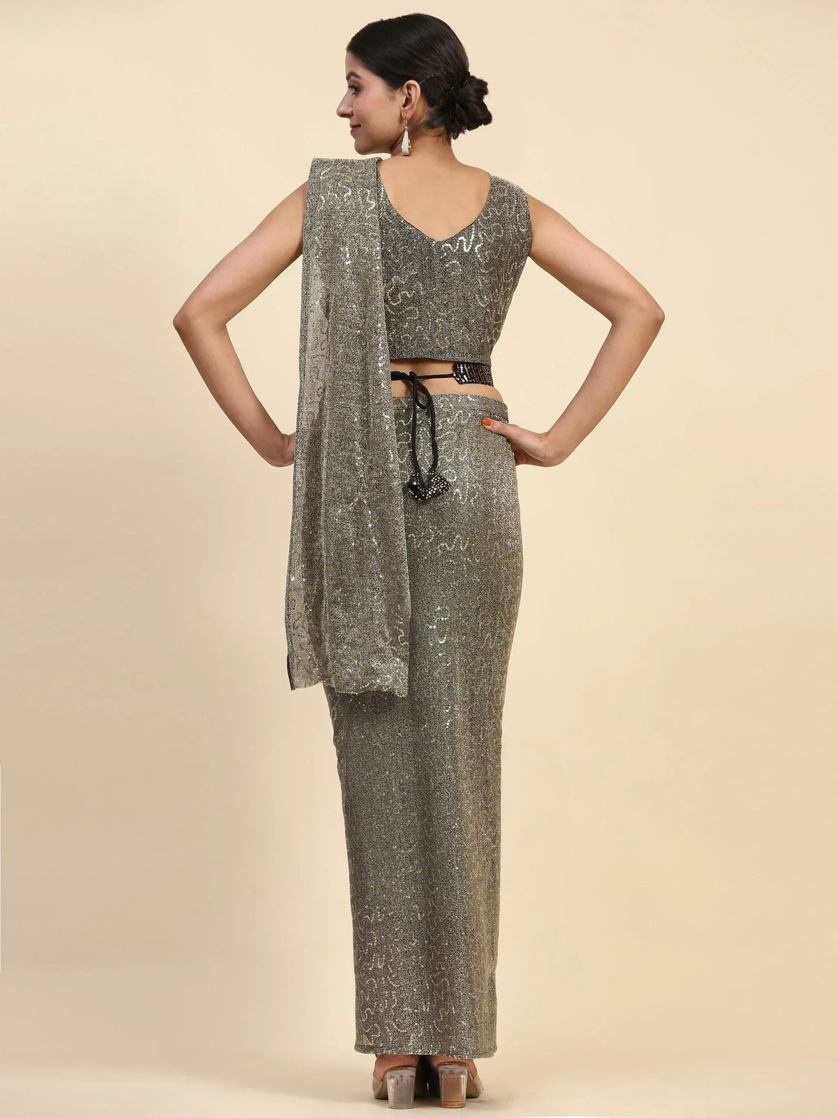 Glittering silver ethnic palazzo set with crop top and dupatta, perfect for festive occasions