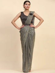 Enchanting Grey Sequins Lycra Designer Readymade Saree With Blouse