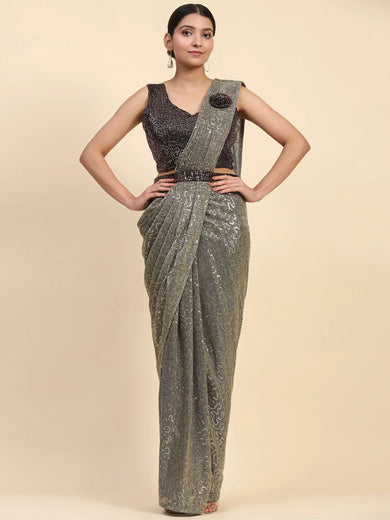 Enchanting Grey Sequins Lycra Designer Readymade Saree With Blouse