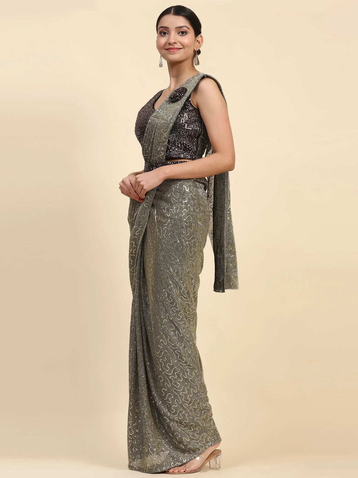 Shimmering silver sequin saree with matching blouse, elegant ethnic wear for festive occasions