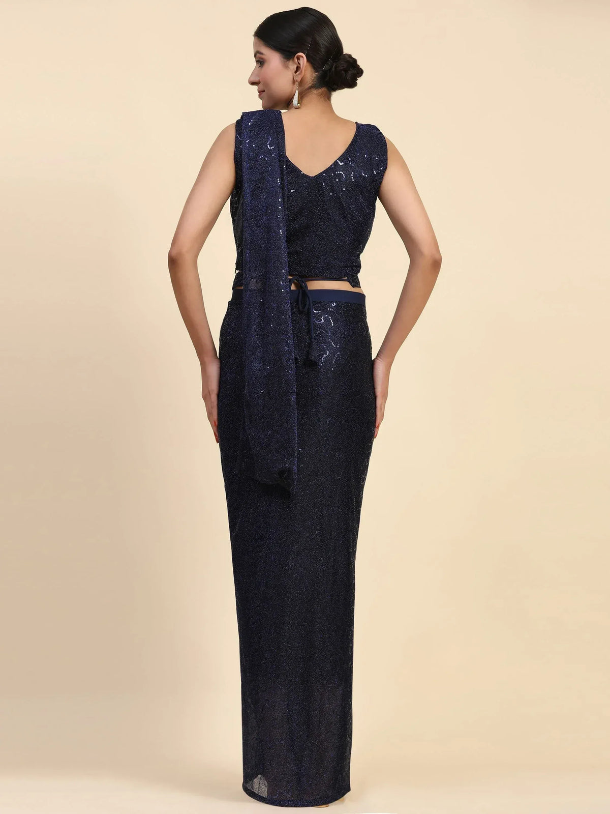 Navy blue sequin ethnic gown with draped dupatta, perfect for Indian festive occasions