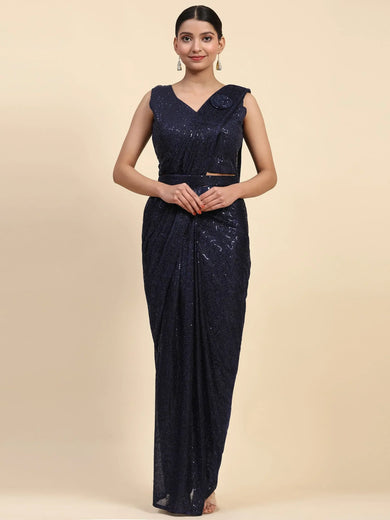 Charming Navy Blue Sequins Lycra Party Wear Pre-Stitched Saree