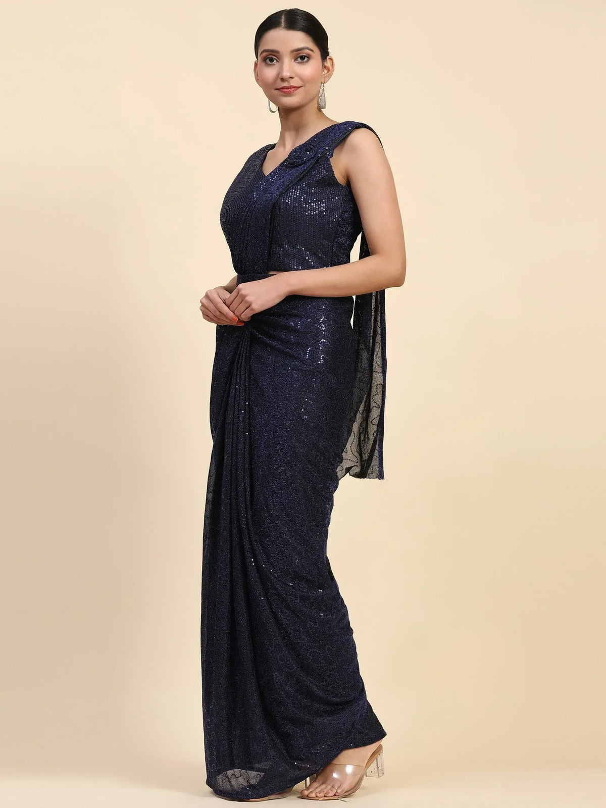 Navy blue sequin saree with sleeveless blouse, elegant ethnic wear for women
