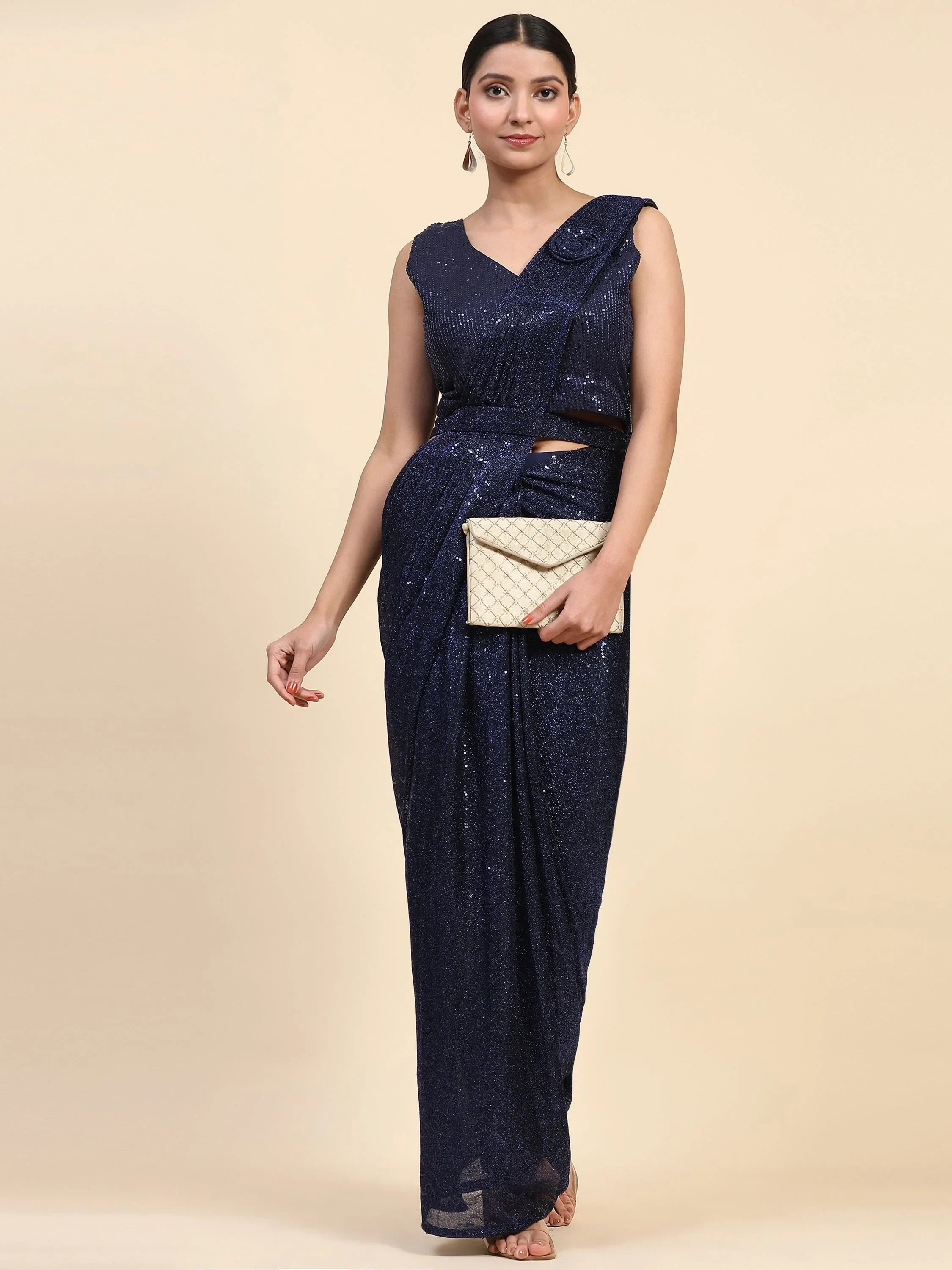 Charming Navy Blue Sequins Lycra Party Wear Pre-Stitched Saree