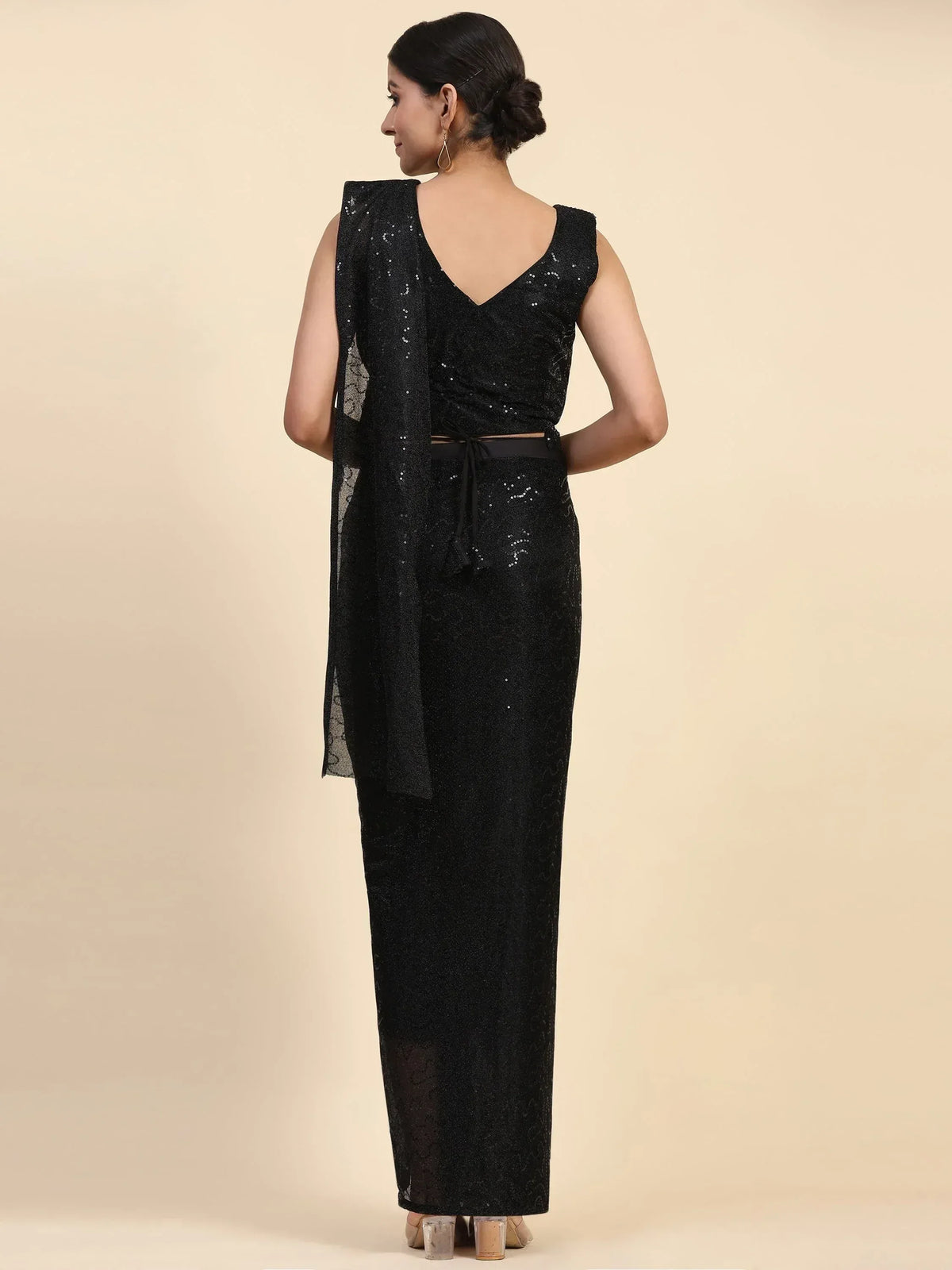 Black sequin ethnic gown with draped dupatta, back view, perfect for evening events and parties