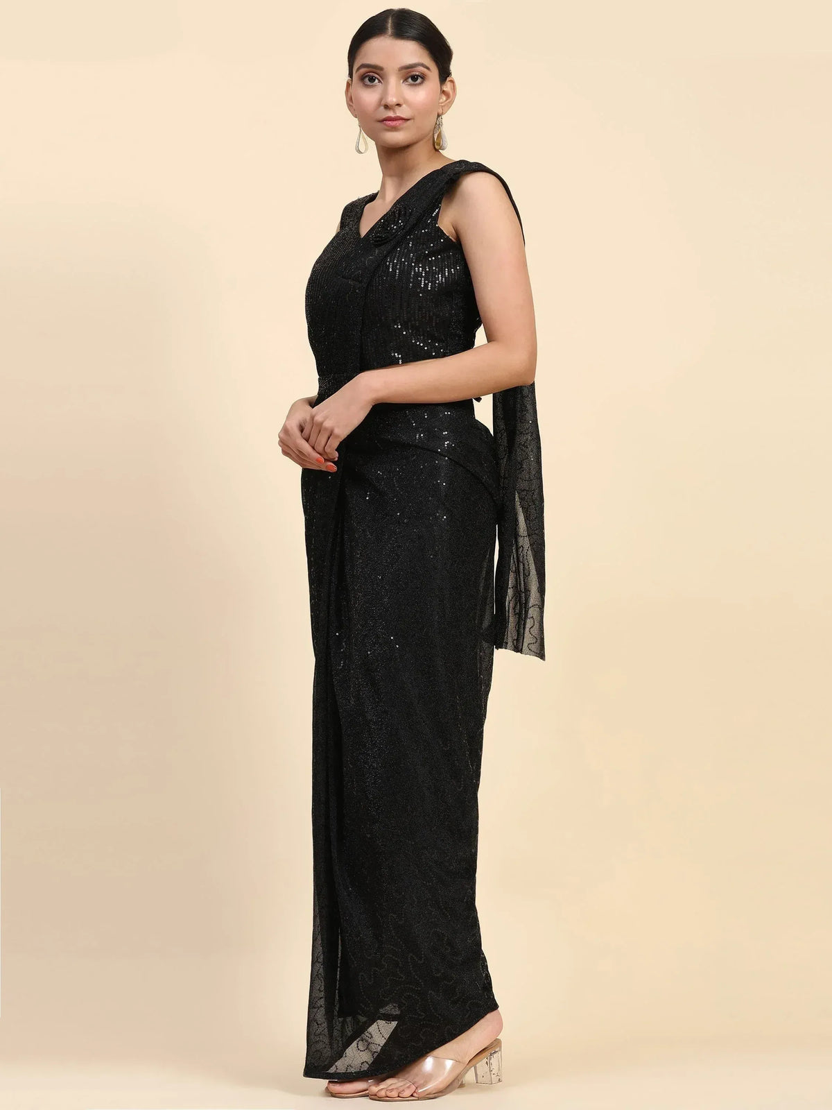 Black sequin saree gown with sheer overlay, elegant ethnic wear for women