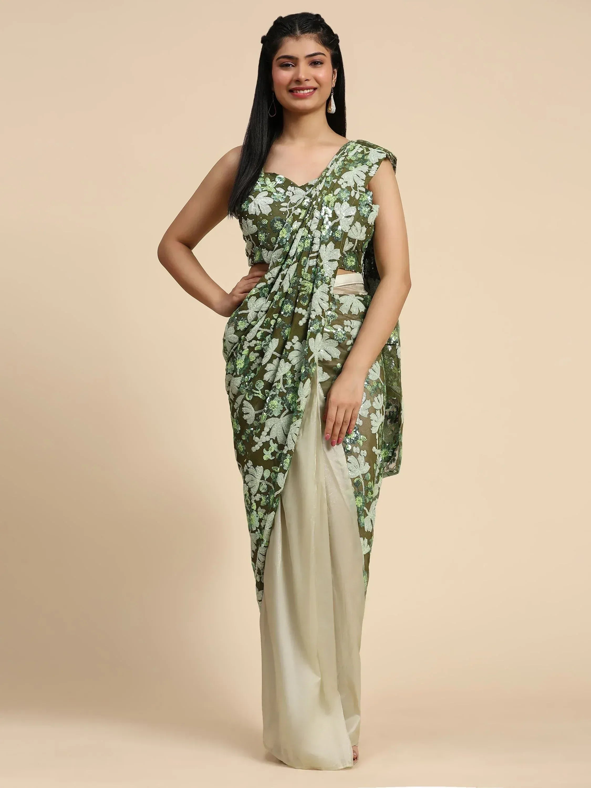 Green floral sequin saree with ivory skirt, Indian ethnic wear for women