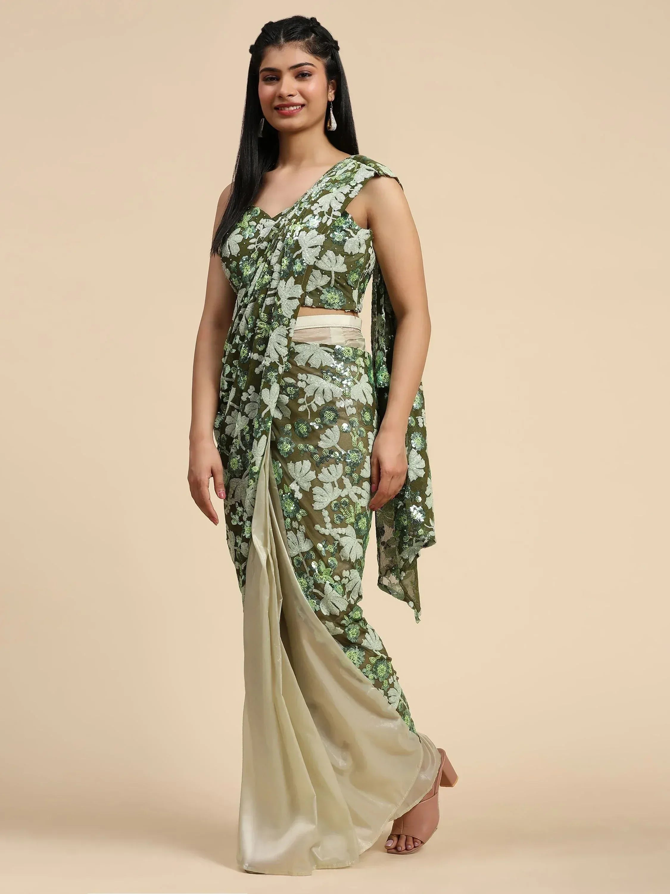 Green floral sequin saree with off-white border, ethnic wear for women