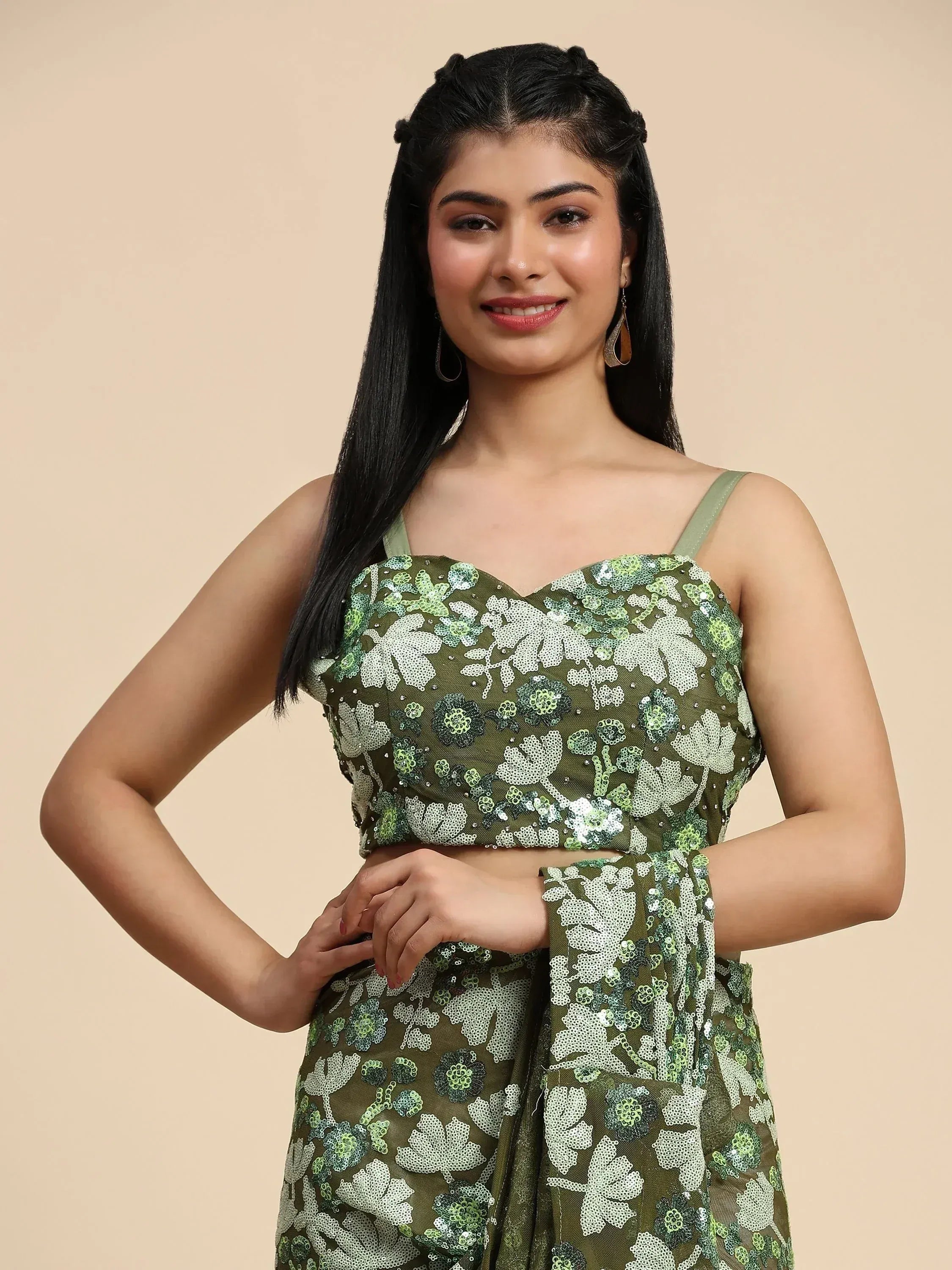Green sequin floral lehenga choli with spaghetti straps, ethnic Indian wear for women
