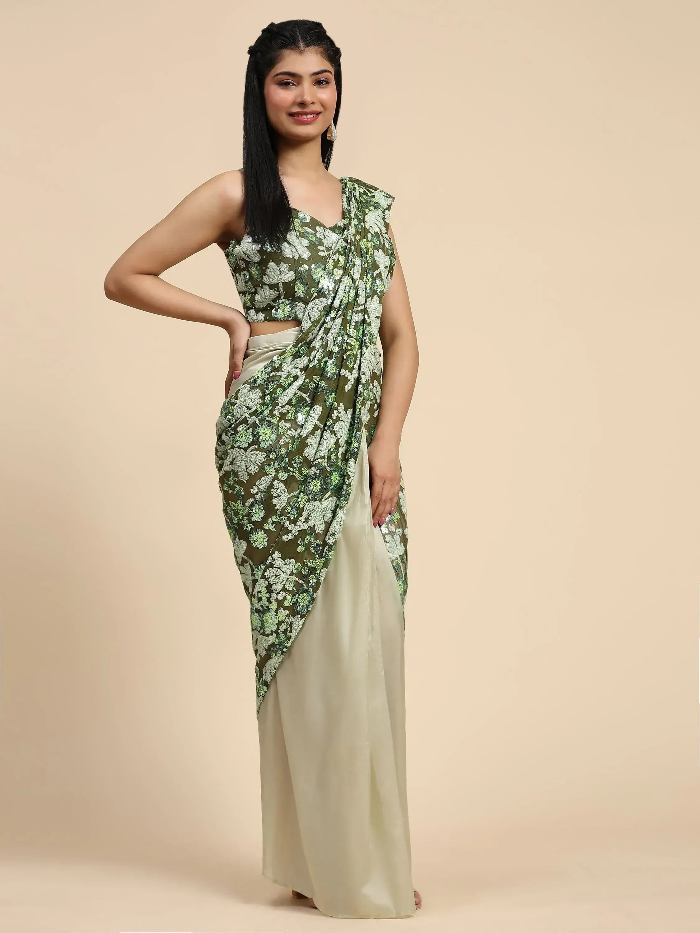 Green floral sequin saree with off-white drape, ethnic Indian wear for women