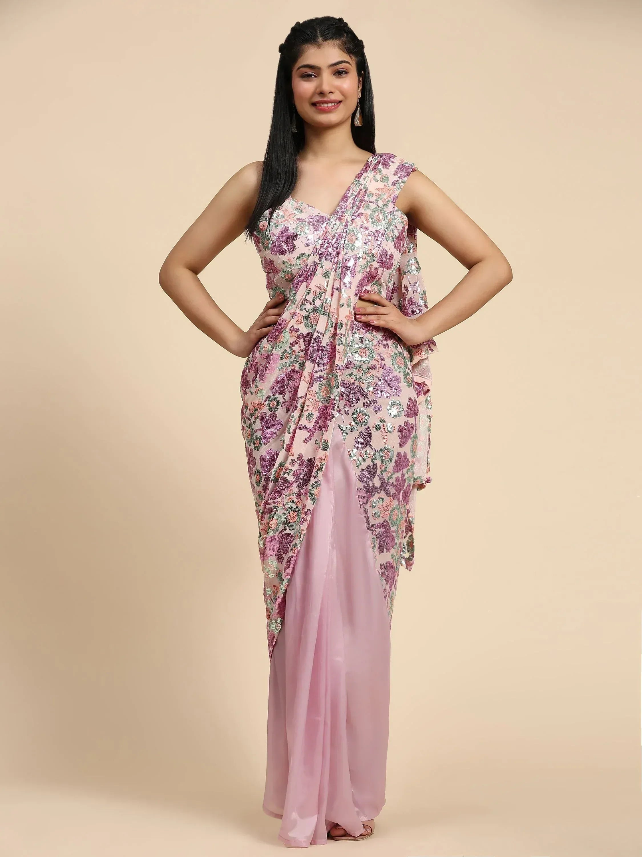 Pink floral sequin saree with draped blouse, Indian ethnic wear for women