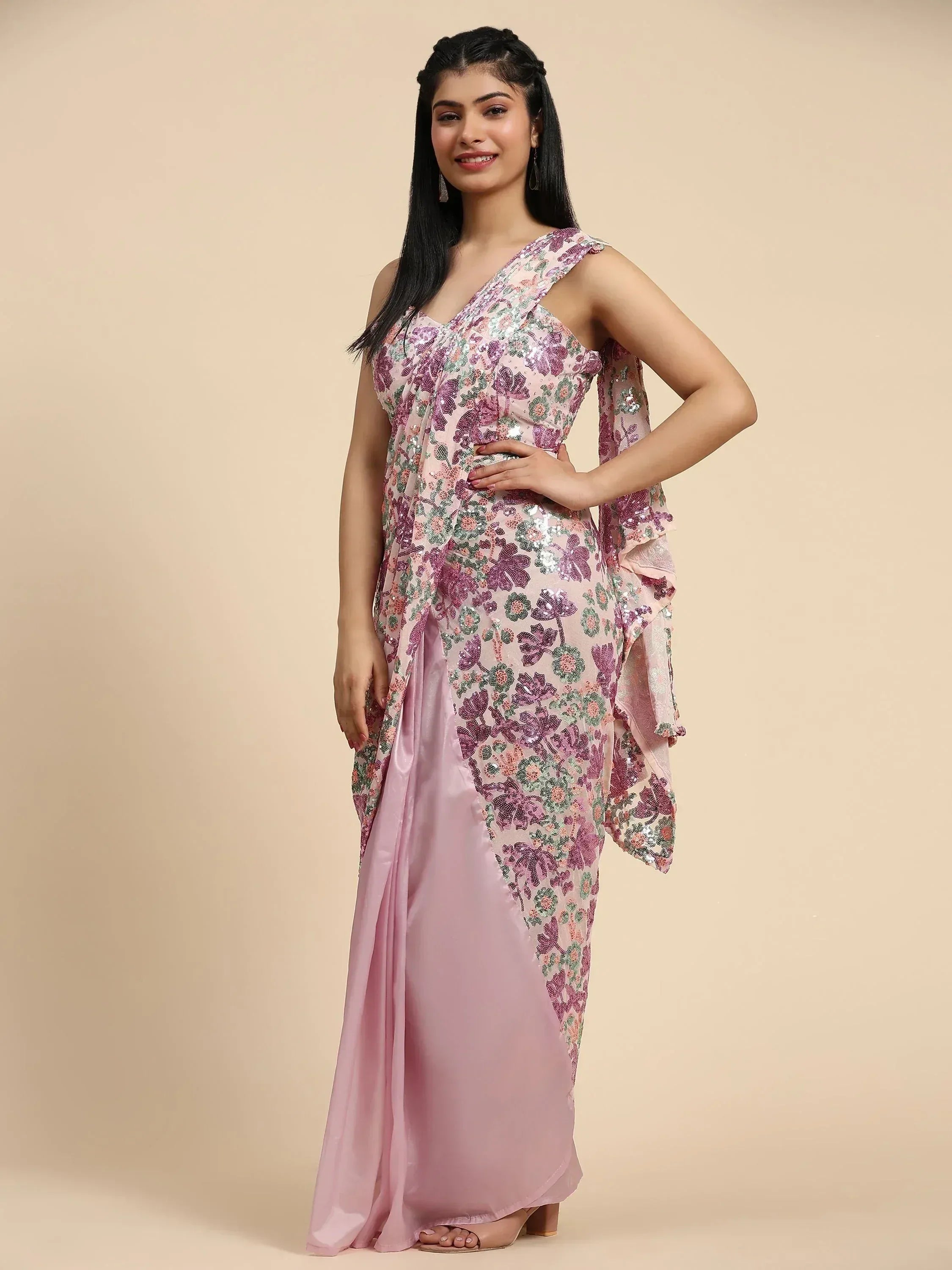 Elegant pink floral sequin saree with ruffled pallu, perfect for Indian ethnic wear