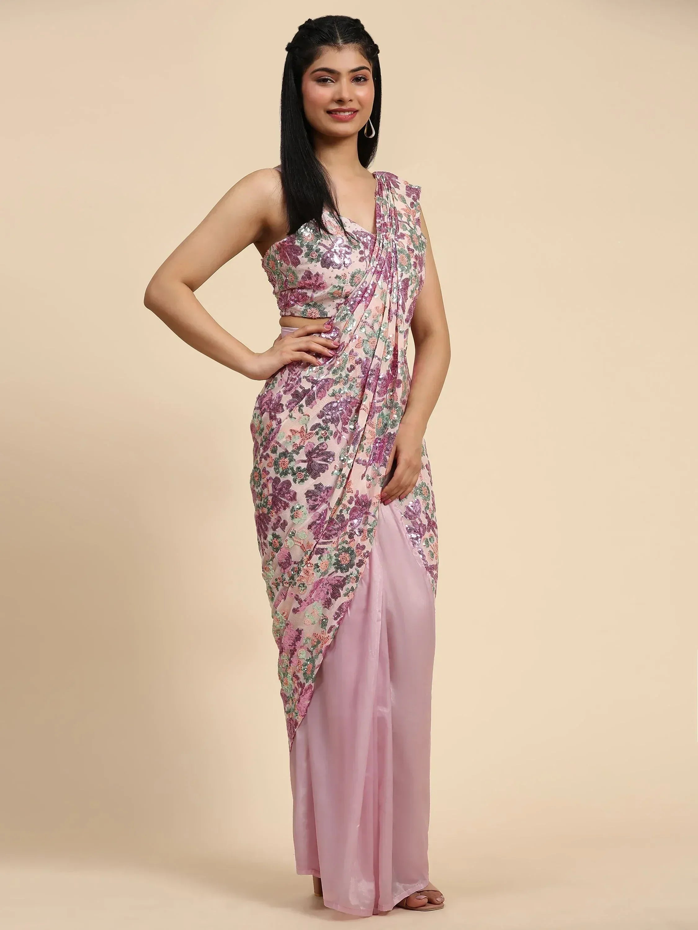 Pink floral sequin saree with palazzo pants, Indian ethnic wear for women