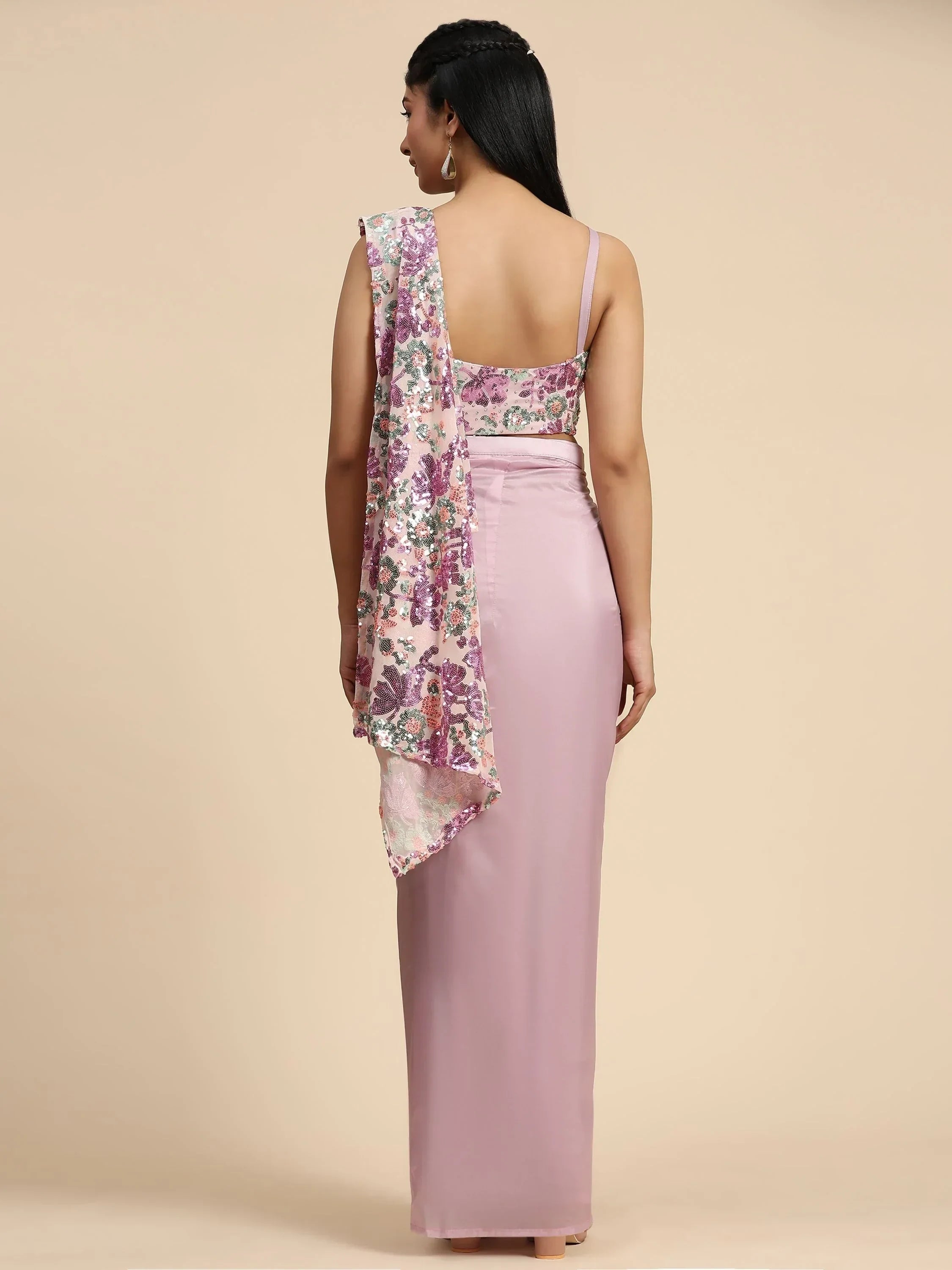 Stunning Pink Sequins Net Party Wear Pre-Stitched Saree With Blouse
