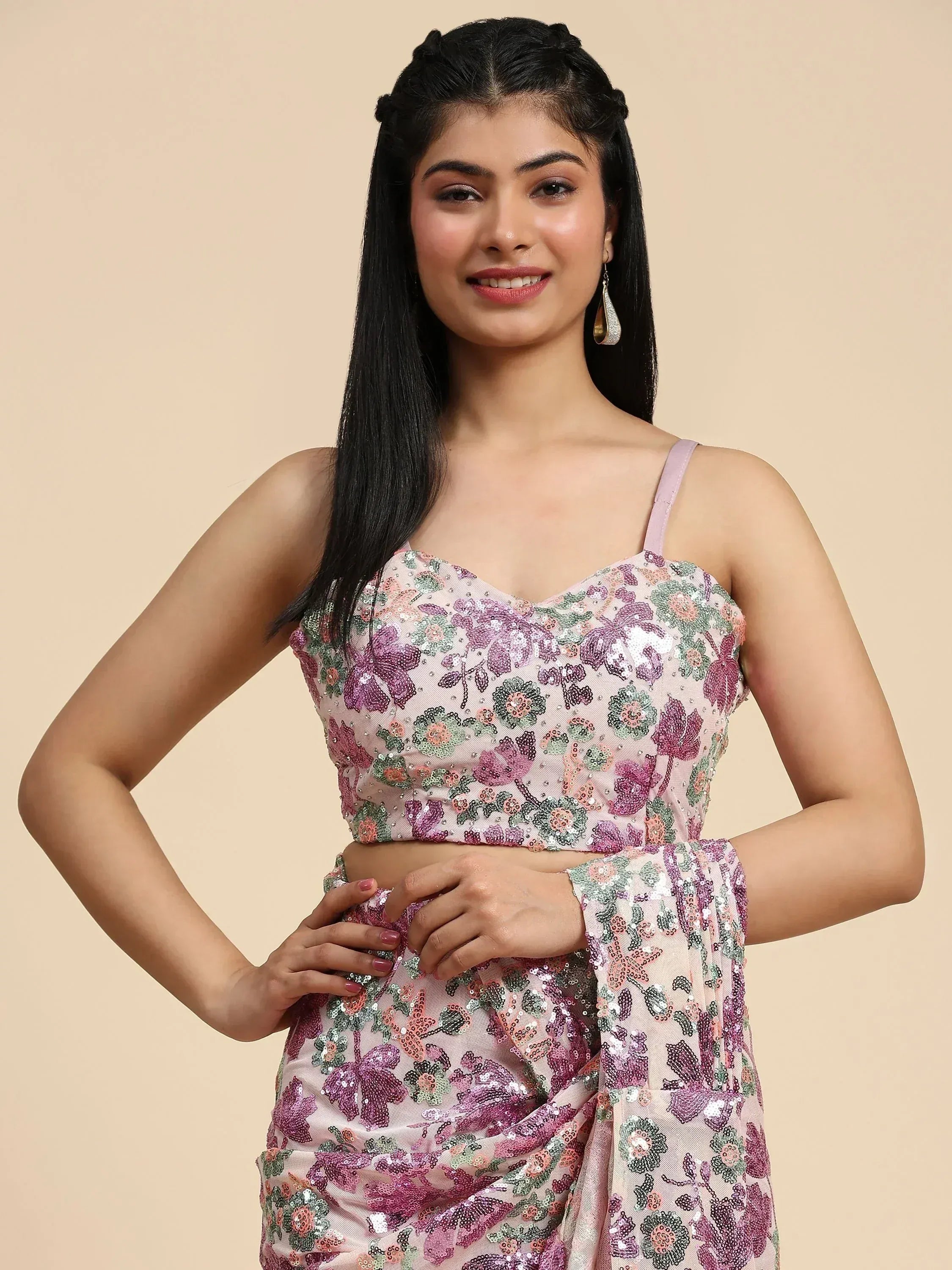 Pink floral sequin lehenga choli with spaghetti straps, ethnic Indian wear for women