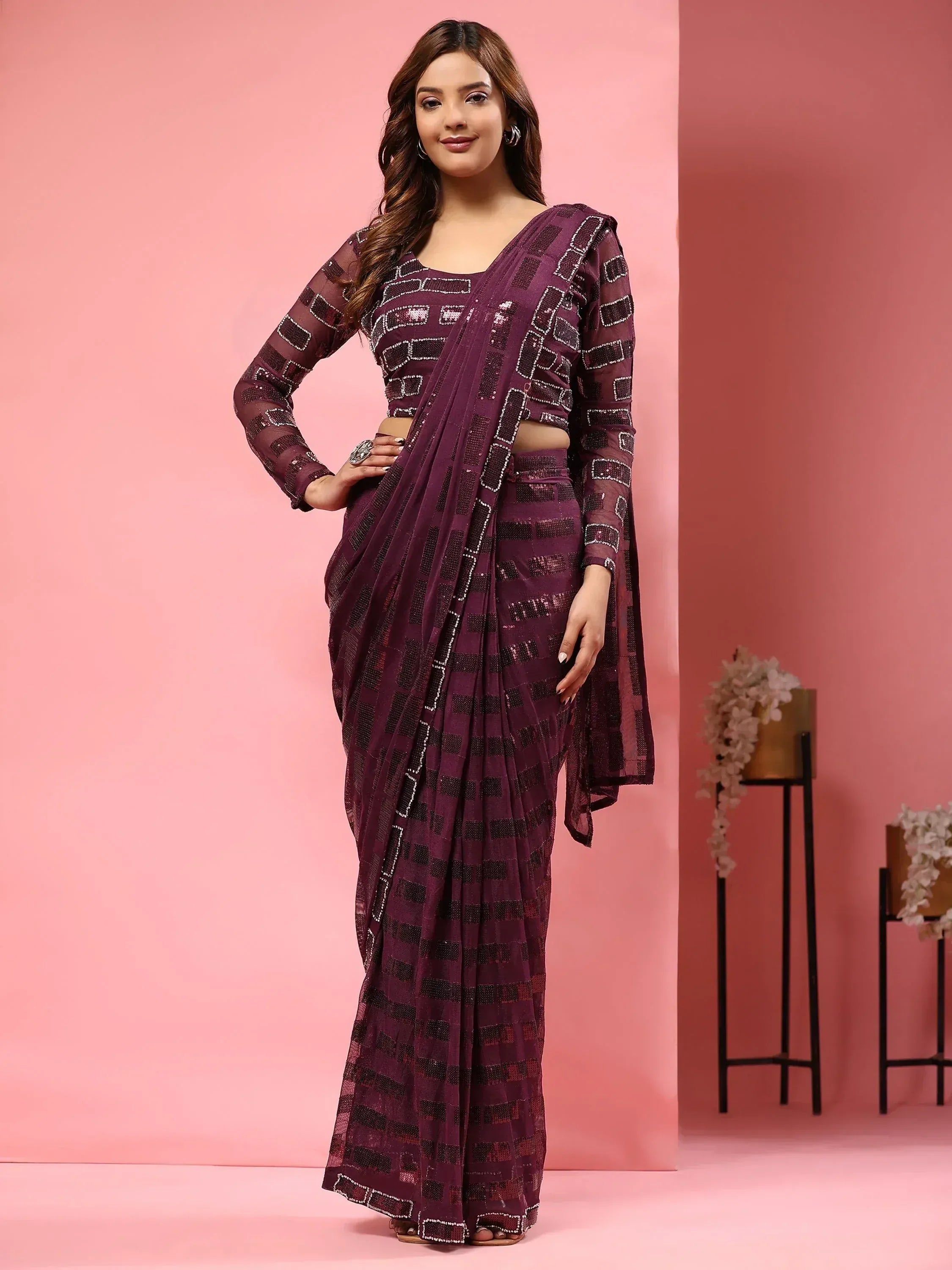 Purple sequin saree with geometric pattern, stylish Indian ethnic wear for women