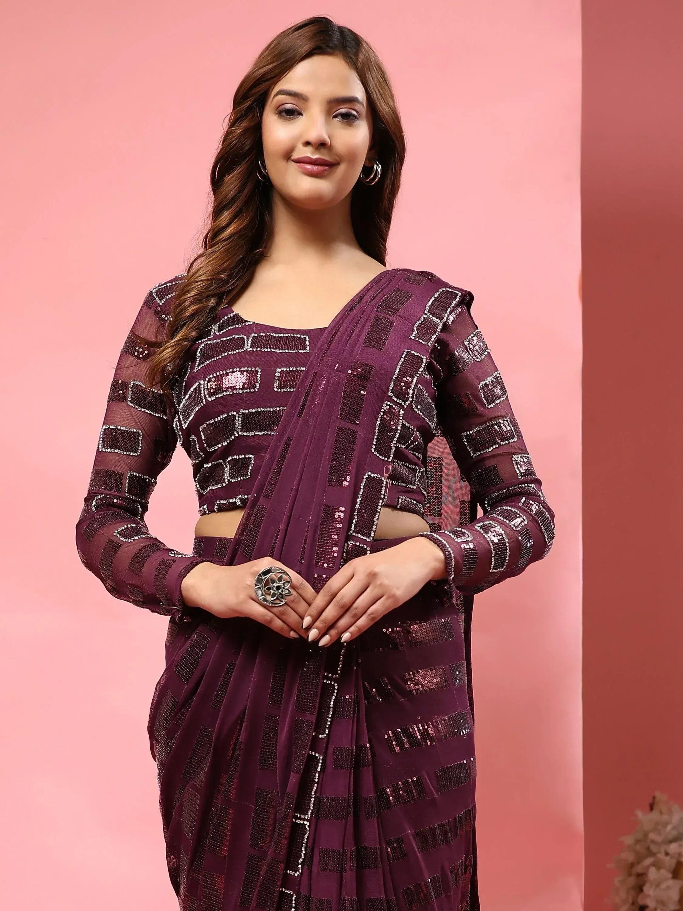 Purple sequin saree with geometric pattern, stylish ethnic wear for women